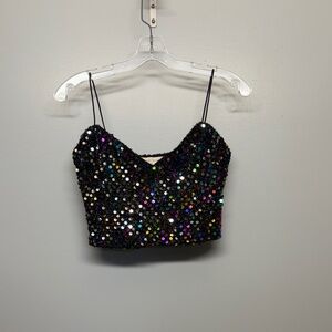 Bear Dance Black Rainbow Sequin Festival Rave Party Spaghetti Strap Crop Top